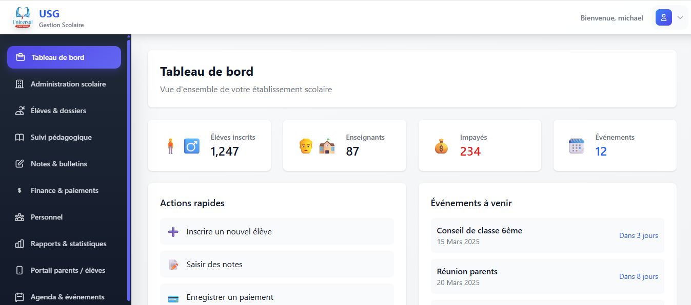 Tableau de bord UStudyGuide : effectifs, enseignants, impayés et événements d'un établissement